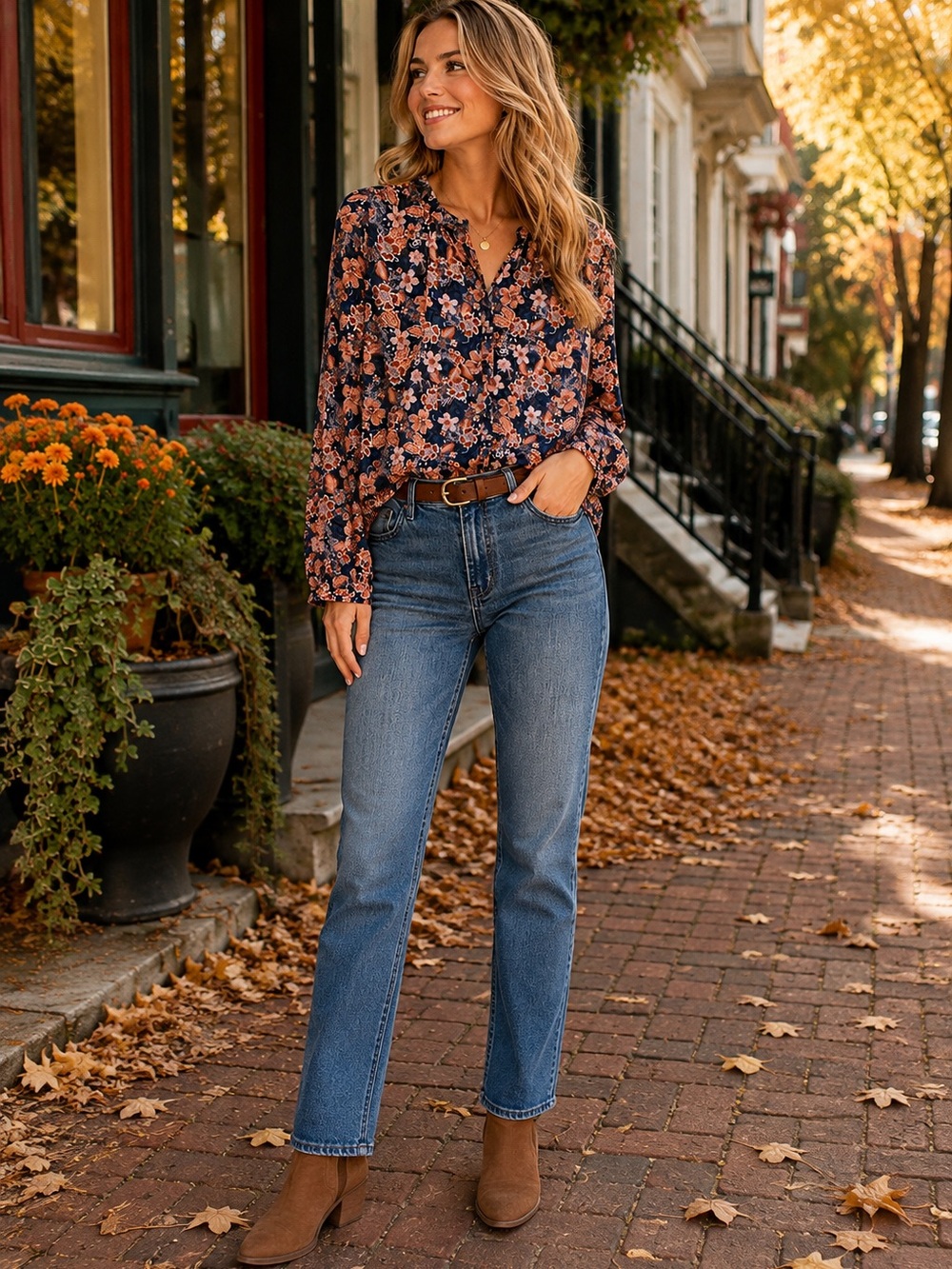 Sundry Floral Cotton Blouse Size S Navy Rust Boho Button Front Peasant Top